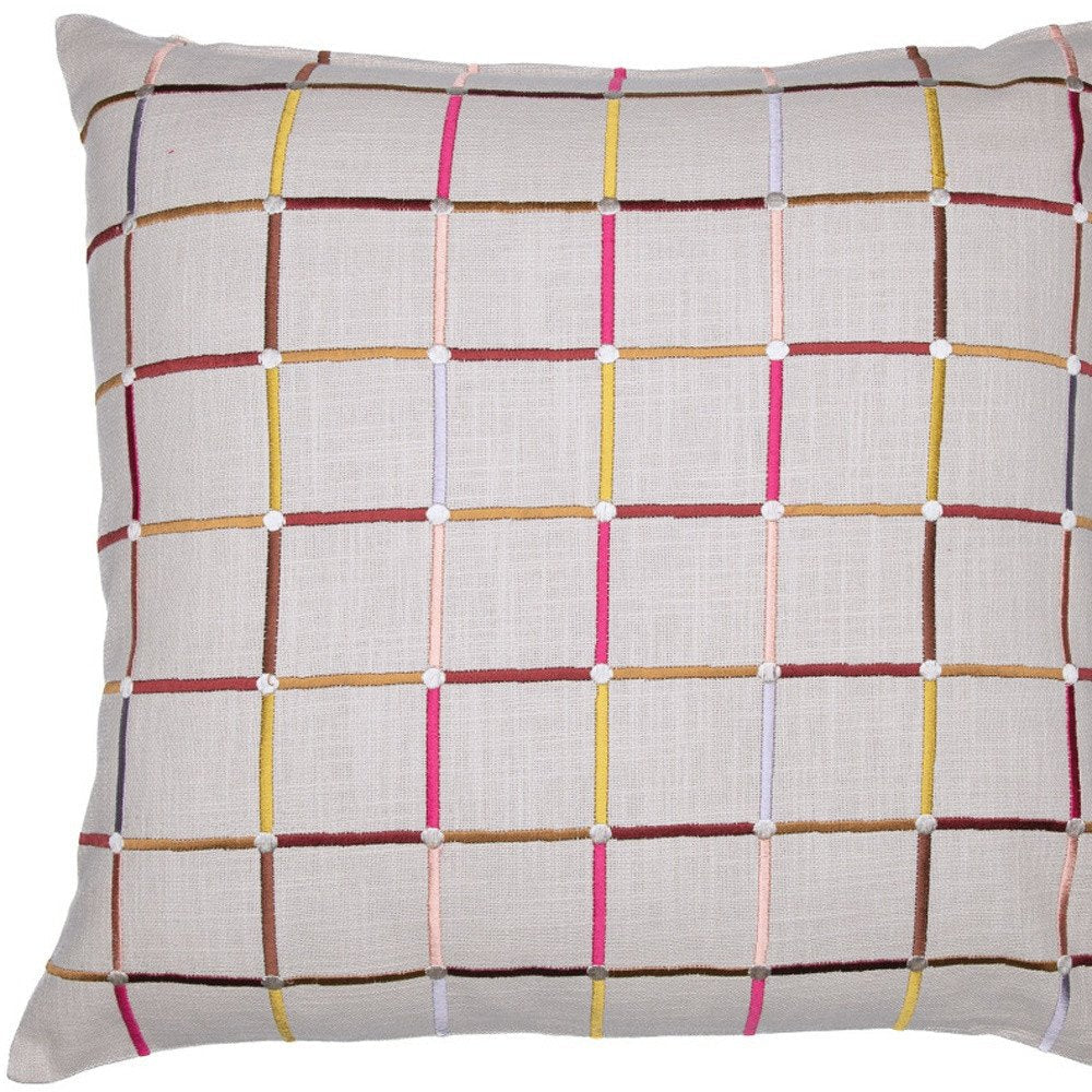 24" White Check Cotton Blend Throw Pillow With Embroidery — view 7