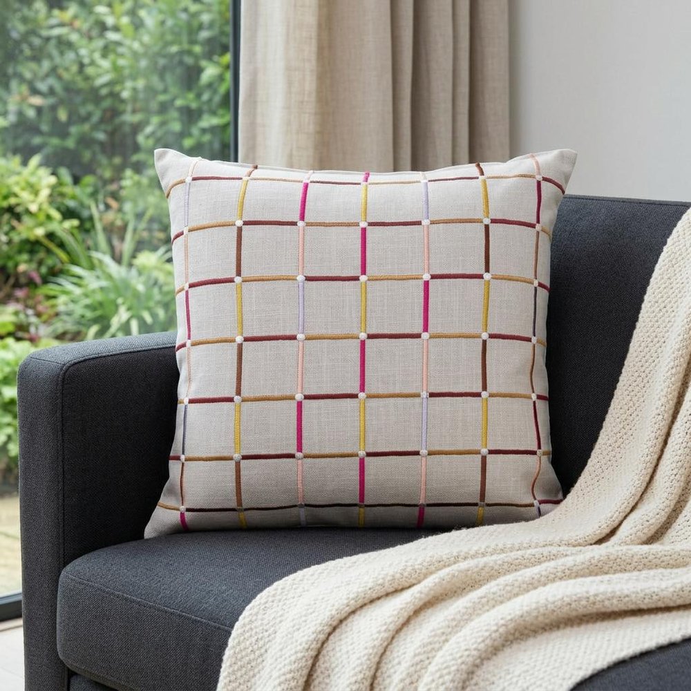 24" White Check Cotton Blend Throw Pillow With Embroidery HomeRoots