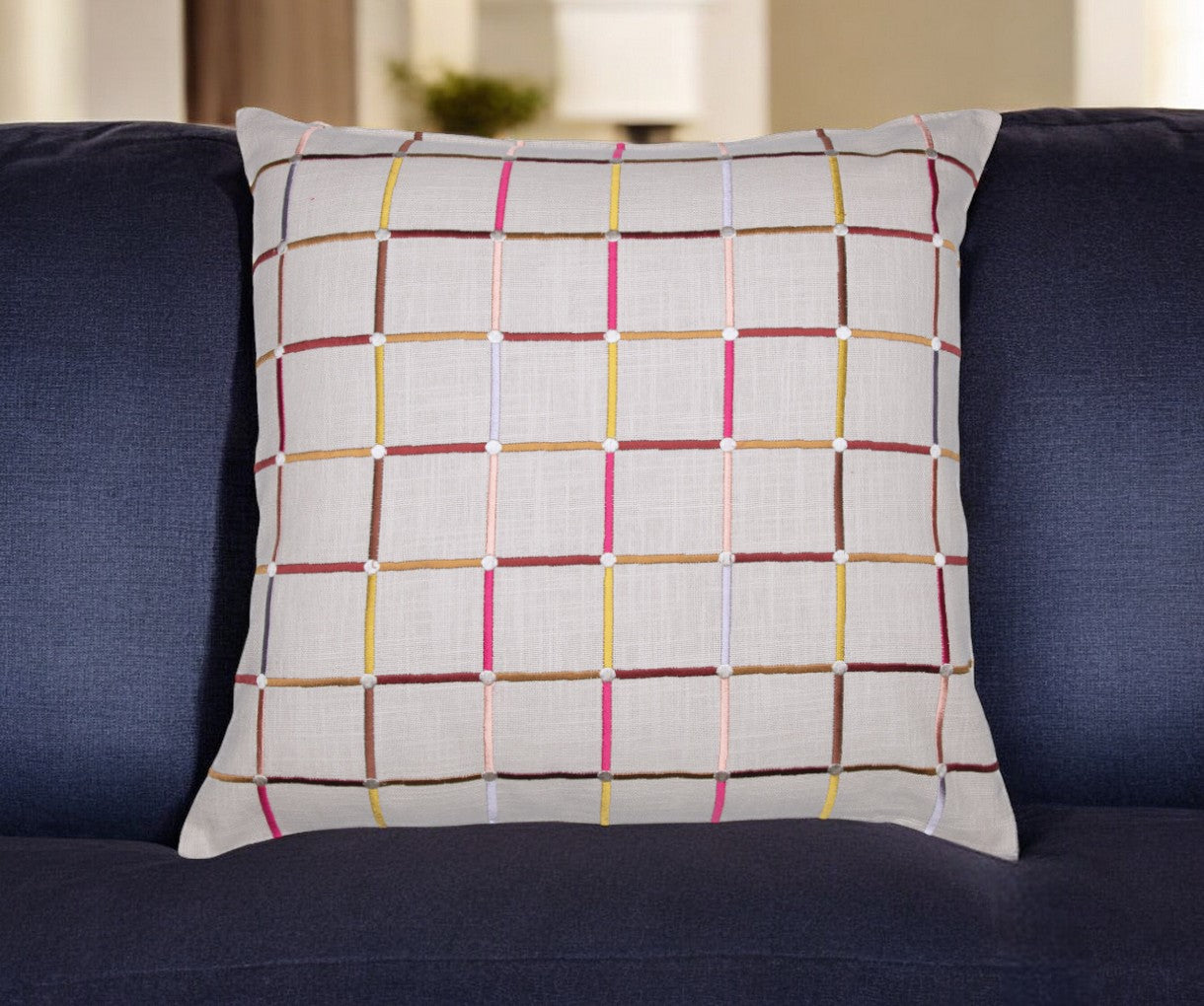 24" White Check Cotton Blend Throw Pillow With Embroidery