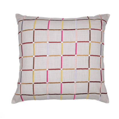 24" White Check Cotton Blend Throw Pillow With Embroidery HomeRoots