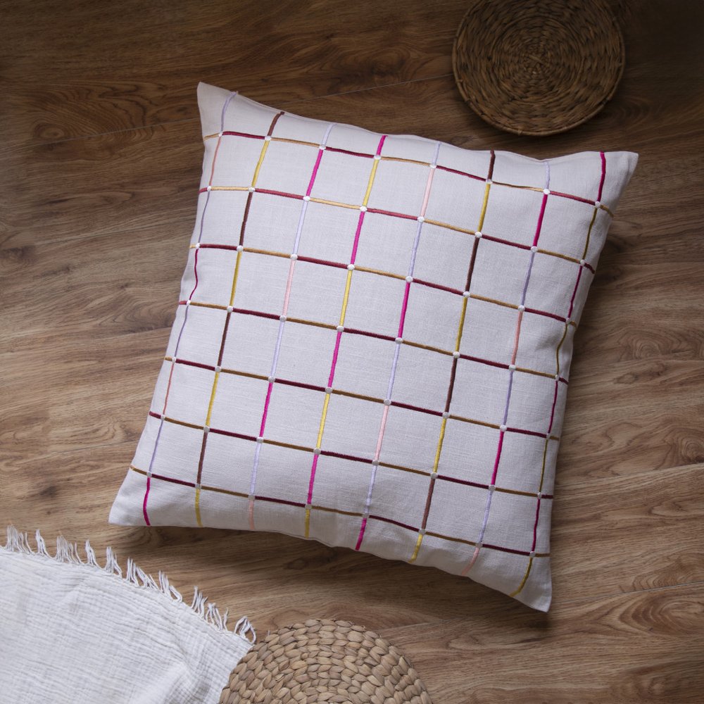 24" White Check Cotton Blend Throw Pillow With Embroidery — view 10