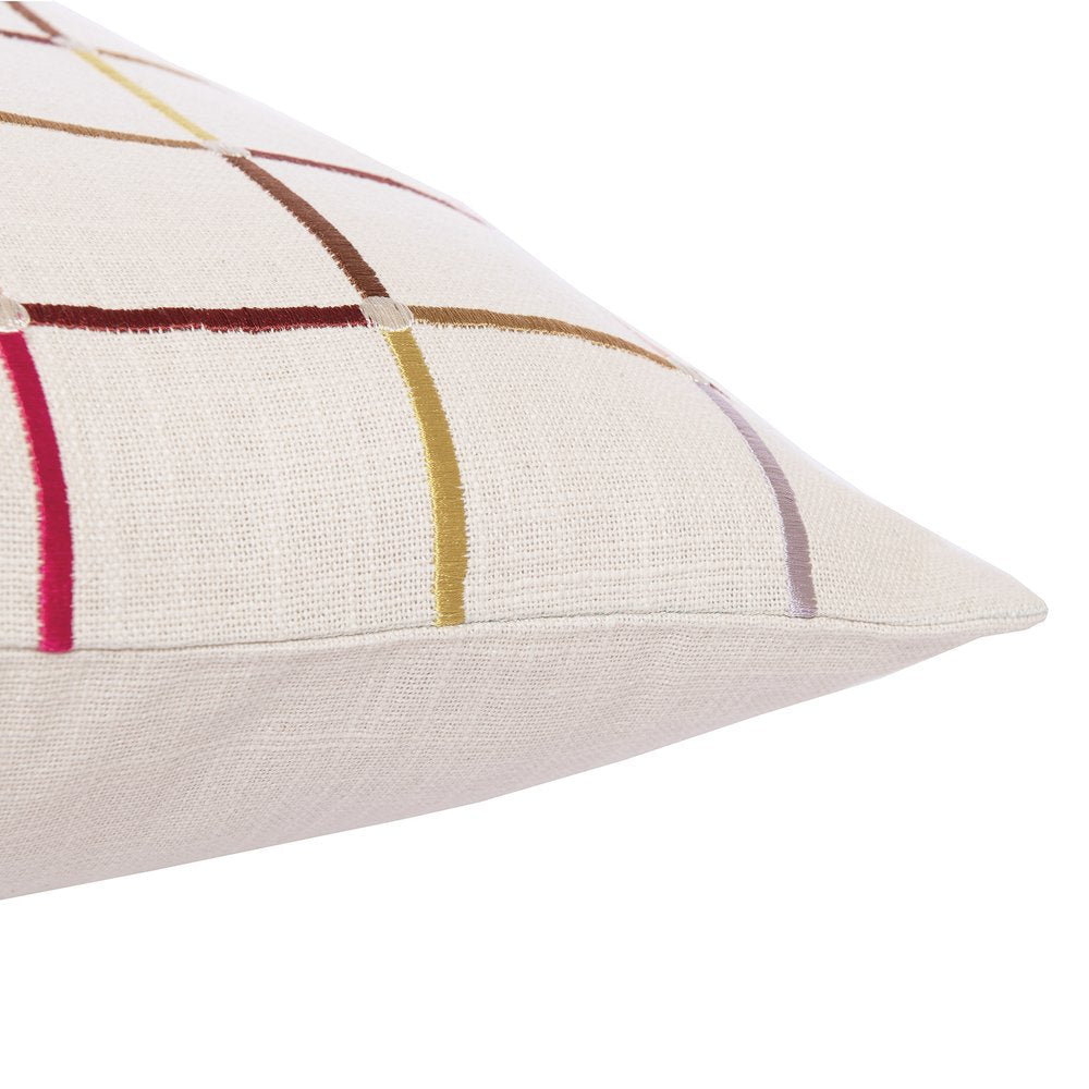 24" White Check Cotton Blend Throw Pillow With Embroidery — view 9