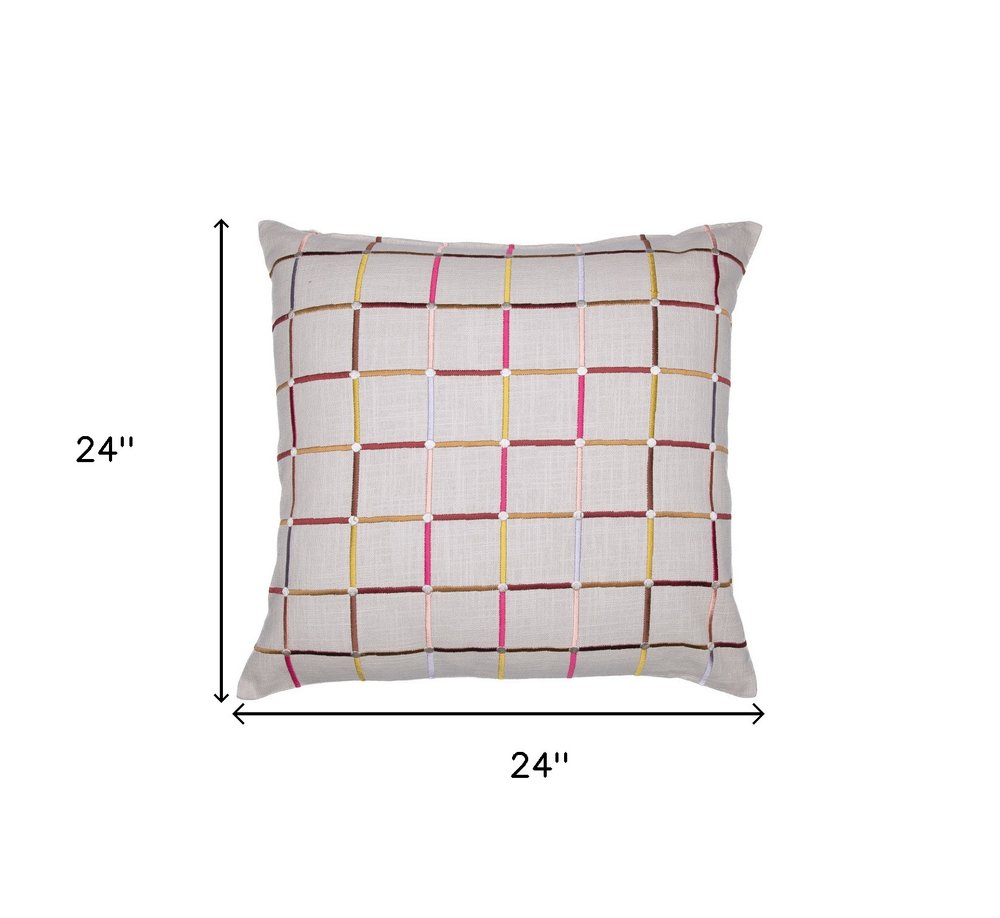 24" White Check Cotton Blend Throw Pillow With Embroidery HomeRoots