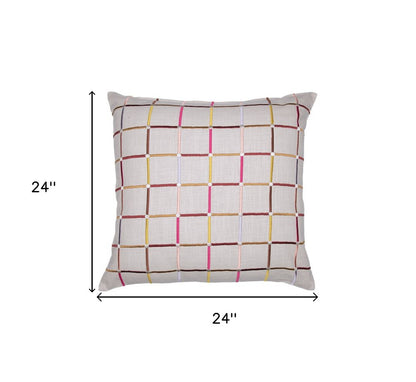 24" White Check Cotton Blend Throw Pillow With Embroidery HomeRoots
