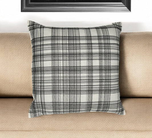 20" White and Black Check Cotton Blend Throw Pillow With Embroidery