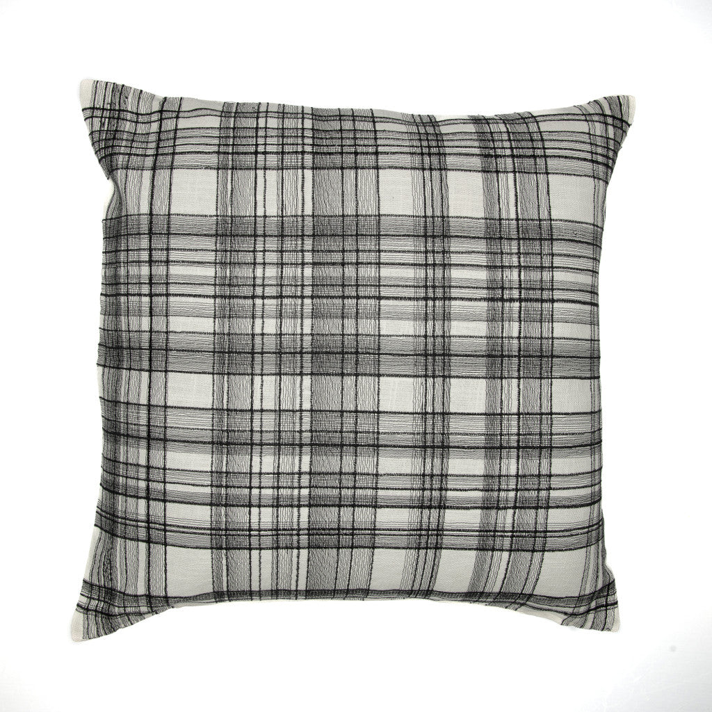 24" White and Black Check Cotton Blend Throw Pillow With Embroidery