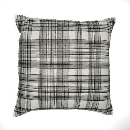 24" White and Black Check Cotton Blend Throw Pillow With Embroidery