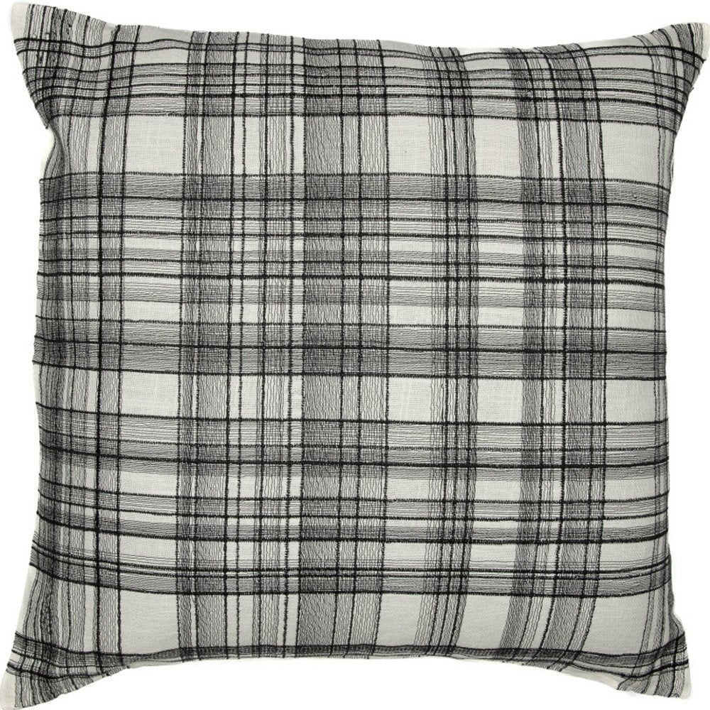 24" White and Black Check Cotton Blend Throw Pillow With Embroidery — view 2