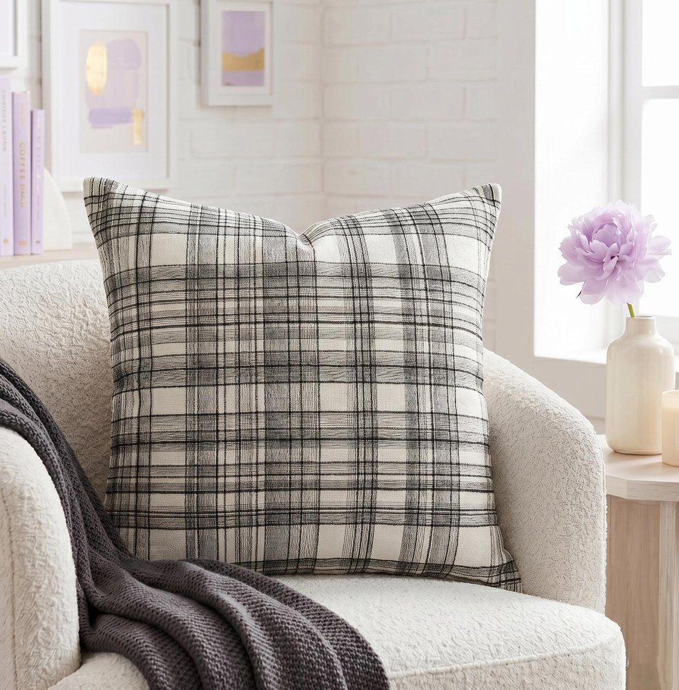24" White and Black Check Cotton Blend Throw Pillow With Embroidery HomeRoots