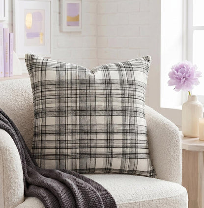 24" White and Black Check Cotton Blend Throw Pillow With Embroidery HomeRoots