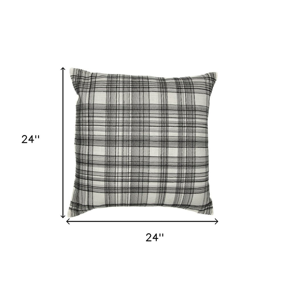 24" White and Black Check Cotton Blend Throw Pillow With Embroidery — view 3