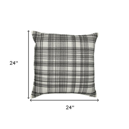 24" White and Black Check Cotton Blend Throw Pillow With Embroidery HomeRoots