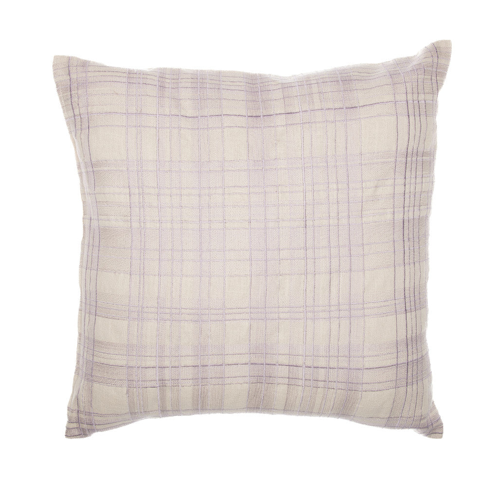 20" Ivory Check Cotton Blend Throw Pillow With Embroidery