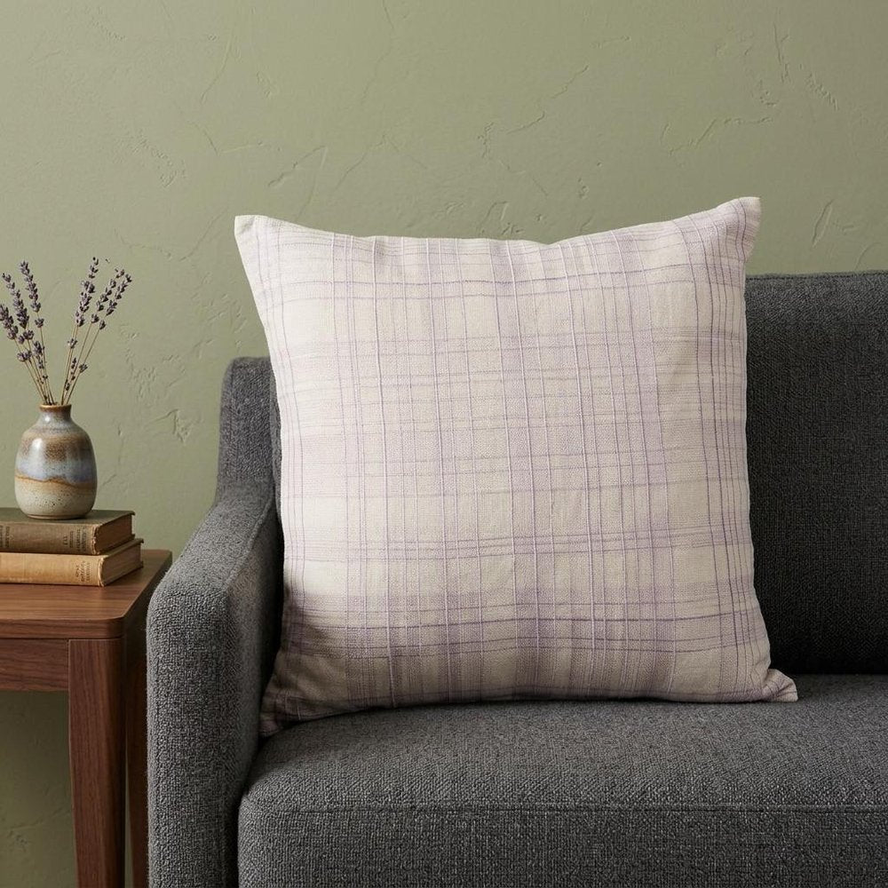 20" Ivory Check Cotton Blend Throw Pillow With Embroidery — view 1