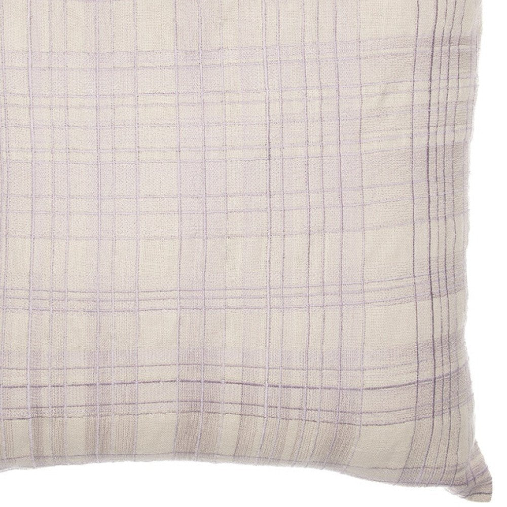 24" Ivory Check Cotton Blend Throw Pillow With Embroidery HomeRoots
