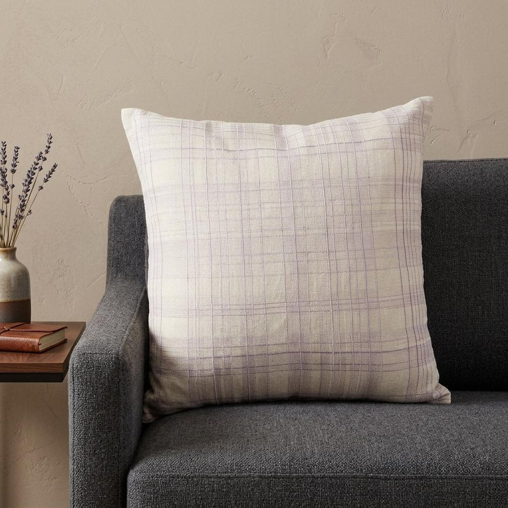 24" Ivory Check Cotton Blend Throw Pillow With Embroidery — view 1