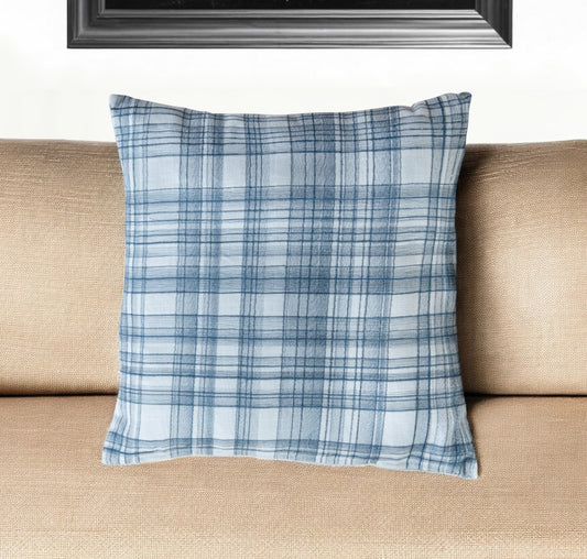 20" Blue Check Cotton Blend Throw Pillow With Embroidery