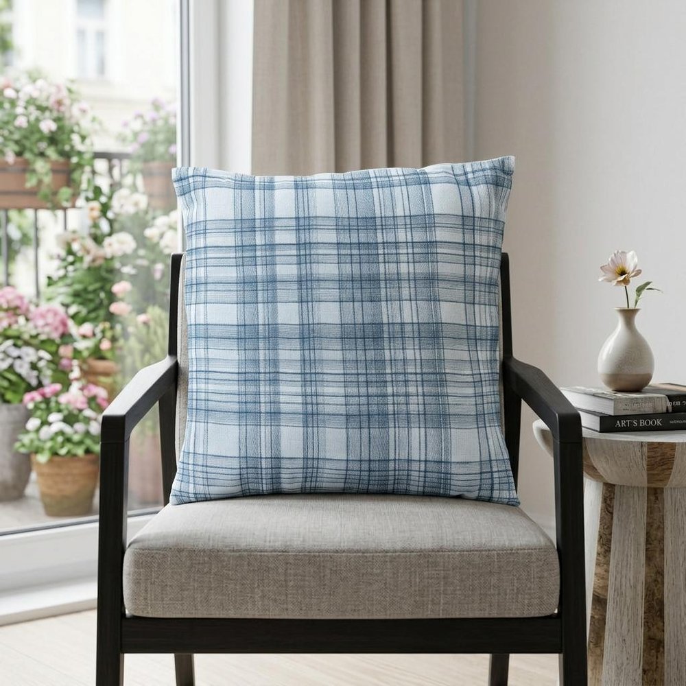 20" Blue Check Cotton Blend Throw Pillow With Embroidery HomeRoots