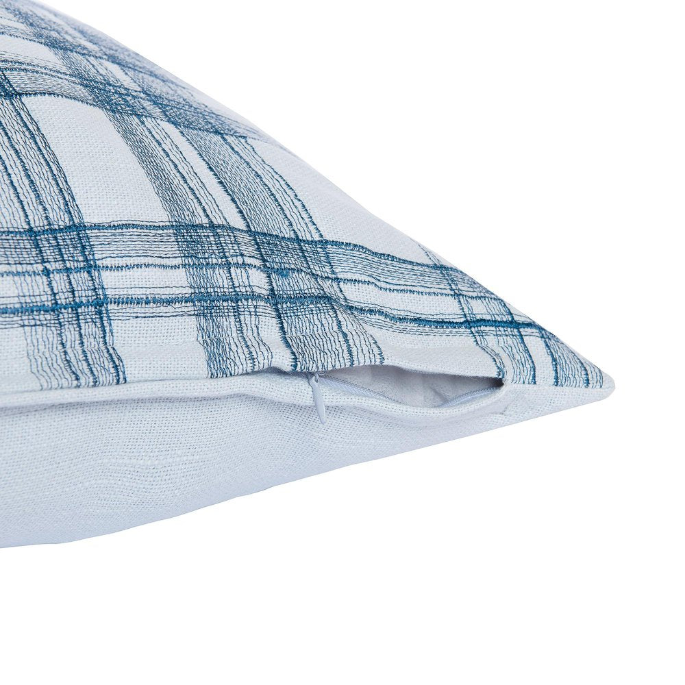 20" Blue Check Cotton Blend Throw Pillow With Embroidery — view 6