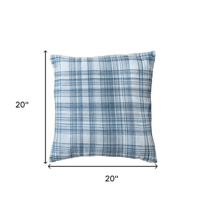 20" Blue Check Cotton Blend Throw Pillow With Embroidery HomeRoots