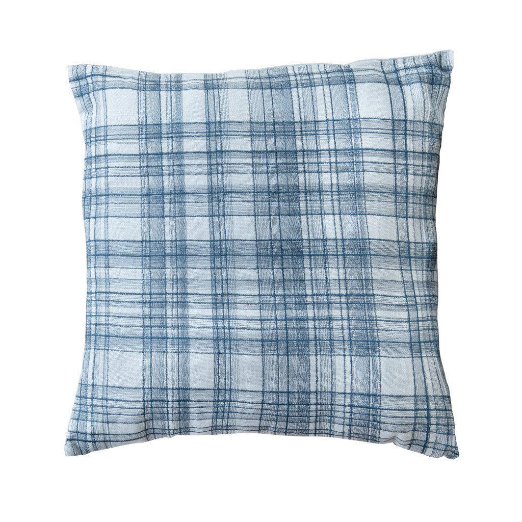 24" Blue Check Cotton Blend Throw Pillow With Embroidery