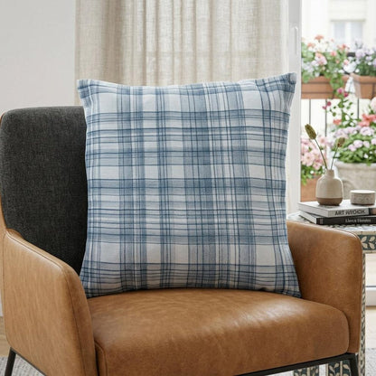 24" Blue Check Cotton Blend Throw Pillow With Embroidery HomeRoots