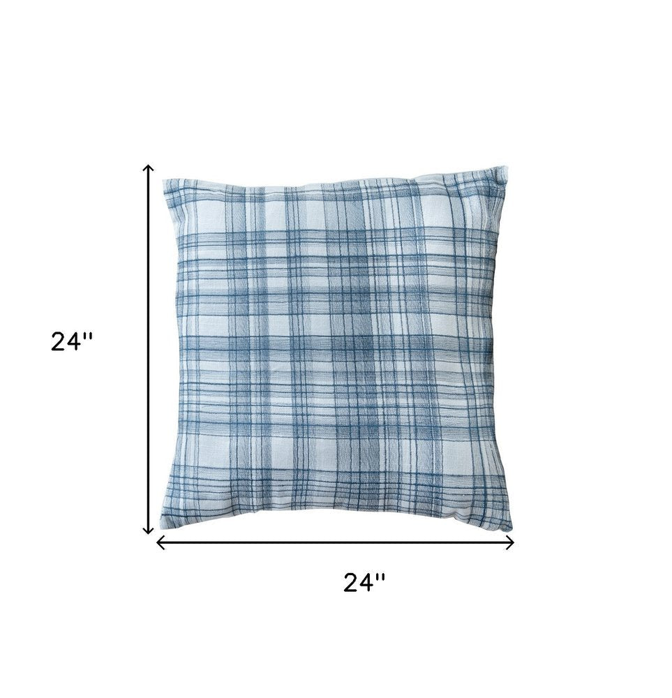 24" Blue Check Cotton Blend Throw Pillow With Embroidery — view 8