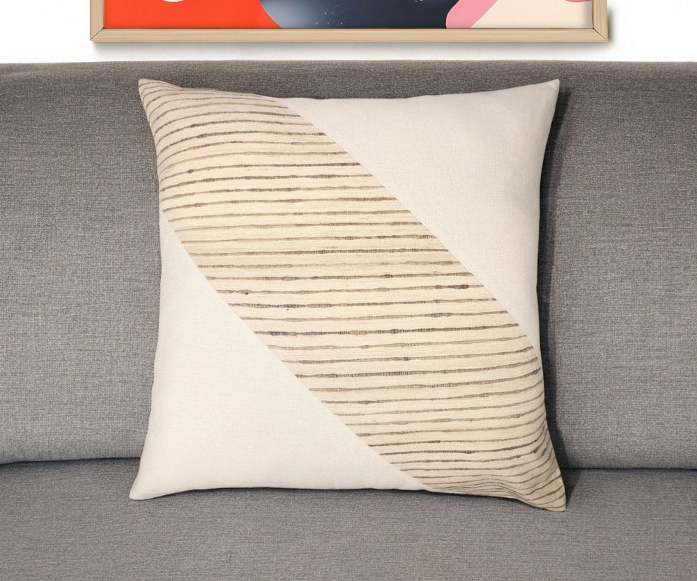 24" Beige and White Geometric Silk Throw Pillow With Embroidery HomeRoots