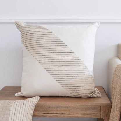 24" Beige and White Geometric Silk Throw Pillow With Embroidery HomeRoots