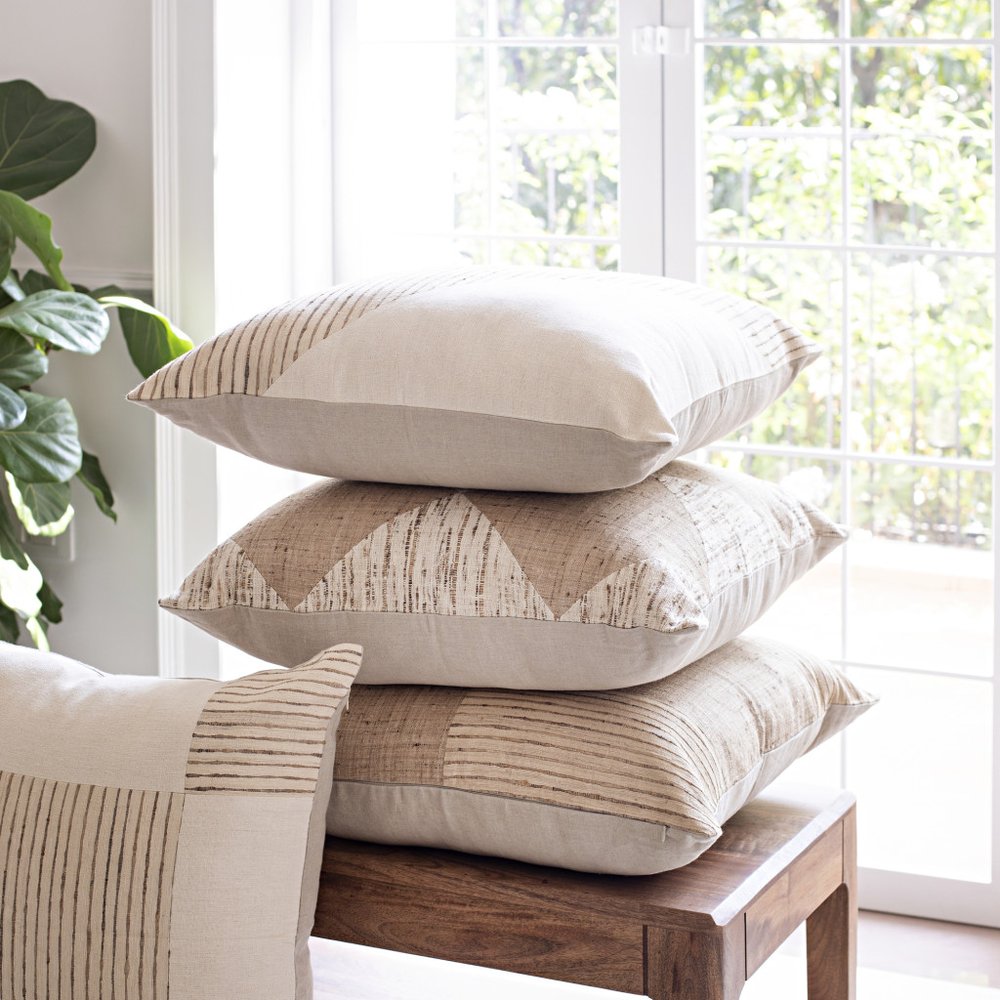 24" Beige and White Geometric Silk Throw Pillow With Embroidery — view 7