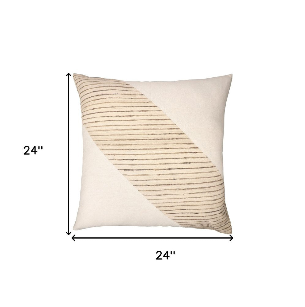 24" Beige and White Geometric Silk Throw Pillow With Embroidery HomeRoots