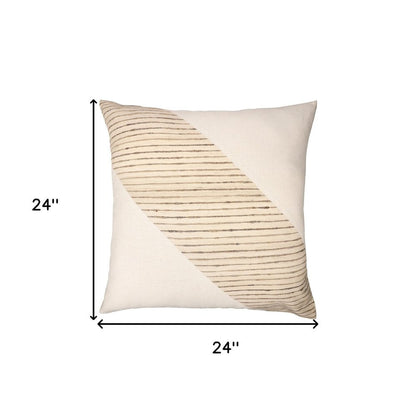 24" Beige and White Geometric Silk Throw Pillow With Embroidery HomeRoots