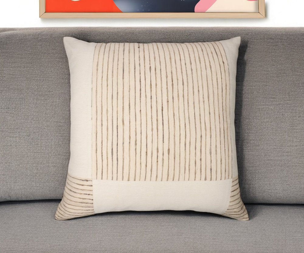 24" Beige and White Check Silk Throw Pillow With Embroidery HomeRoots