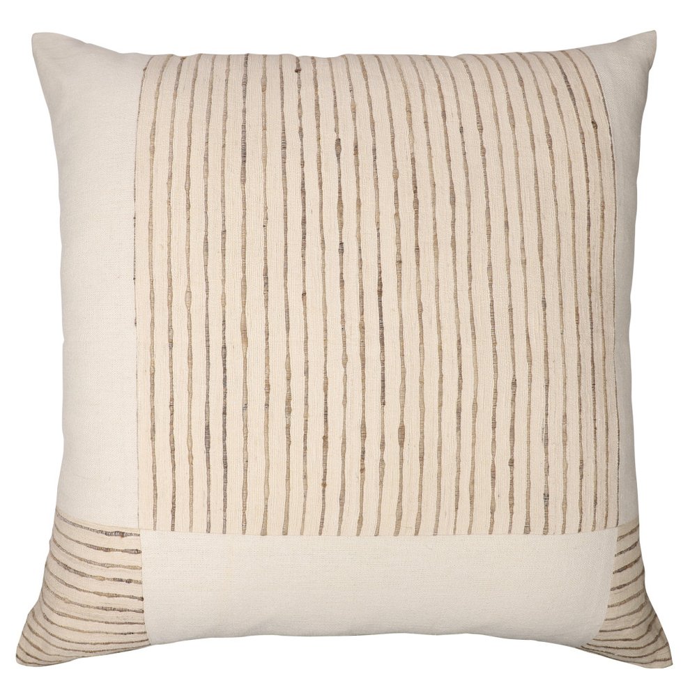24" Beige and White Check Silk Throw Pillow With Embroidery HomeRoots