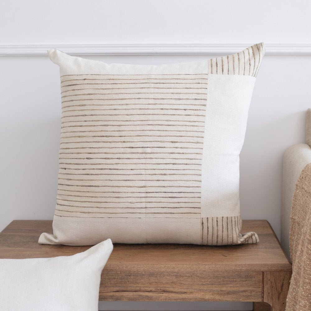24" Beige and White Check Silk Throw Pillow With Embroidery — view 2