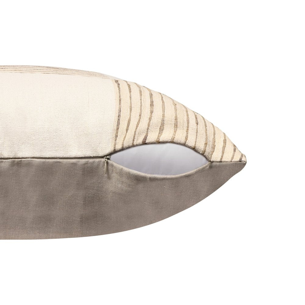 24" Beige and White Check Silk Throw Pillow With Embroidery HomeRoots