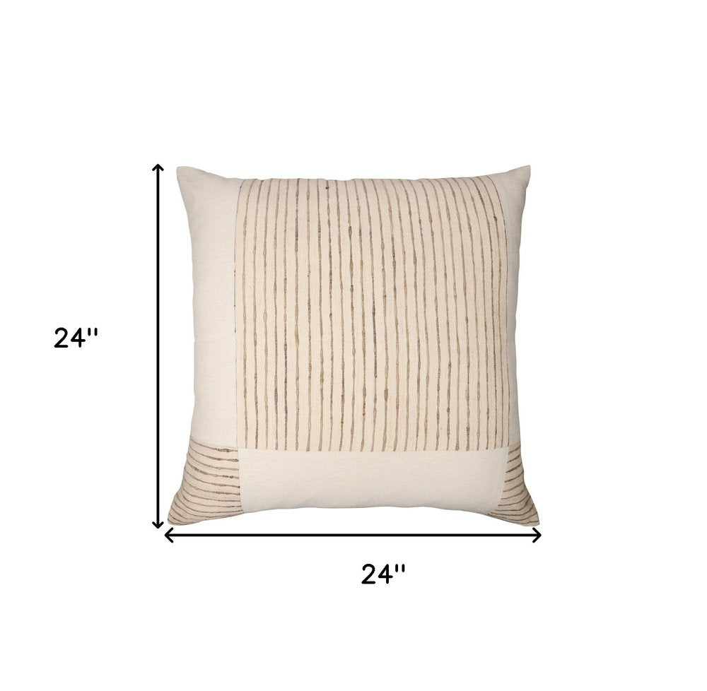 24" Beige and White Check Silk Throw Pillow With Embroidery HomeRoots