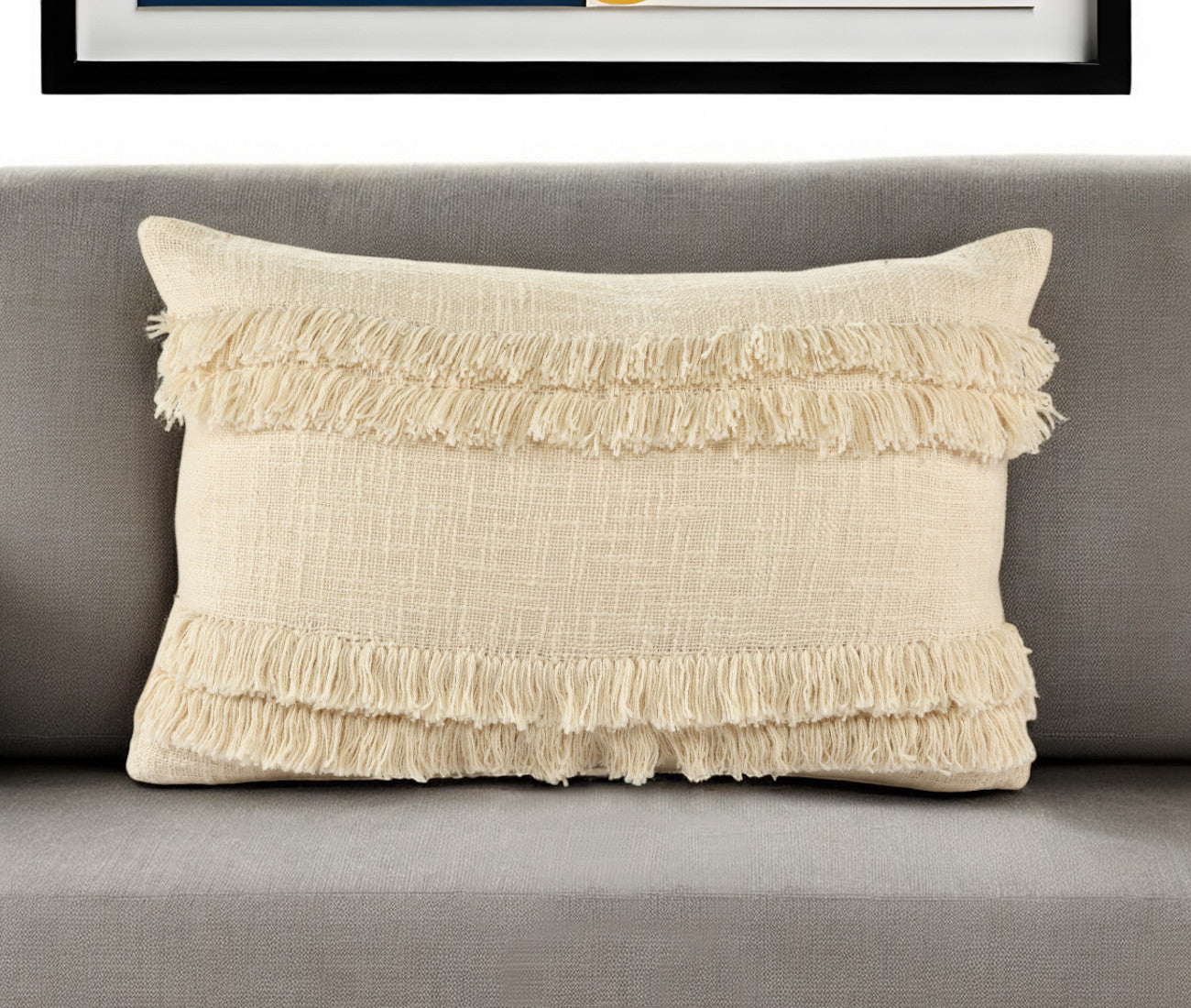 14" X 20" Cream Cotton Throw Pillow With Texture