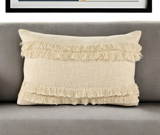 14" X 20" Cream Cotton Throw Pillow With Texture