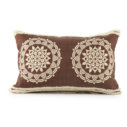 16" X 24" Brown and Ivory Medallion Cotton Lumbar Throw Pillow With Texture