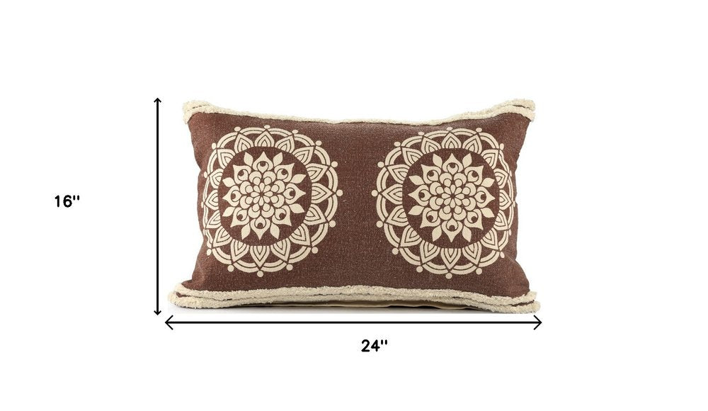 16" X 24" Brown and Ivory Medallion Cotton Lumbar Throw Pillow With Texture — view 11
