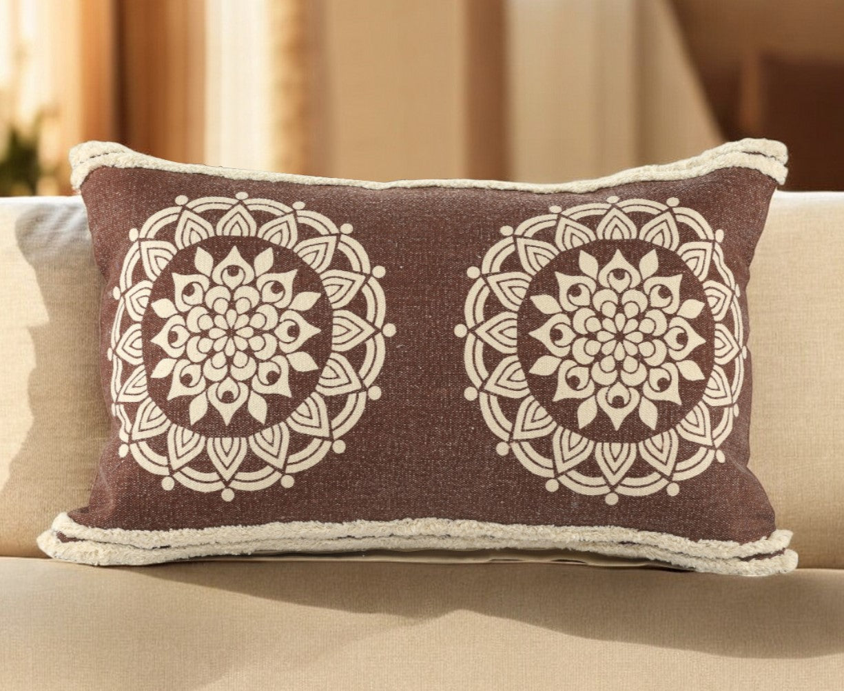 16" X 24" Brown and Ivory Medallion Cotton Lumbar Throw Pillow With Texture