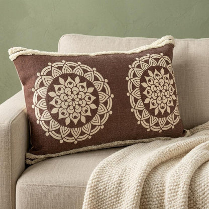 16" X 24" Brown and Ivory Medallion Cotton Lumbar Throw Pillow With Texture HomeRoots