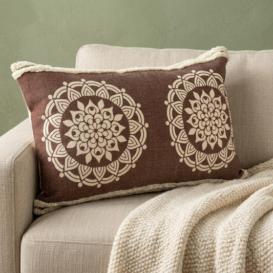 16" X 24" Brown and Ivory Medallion Cotton Lumbar Throw Pillow With Texture