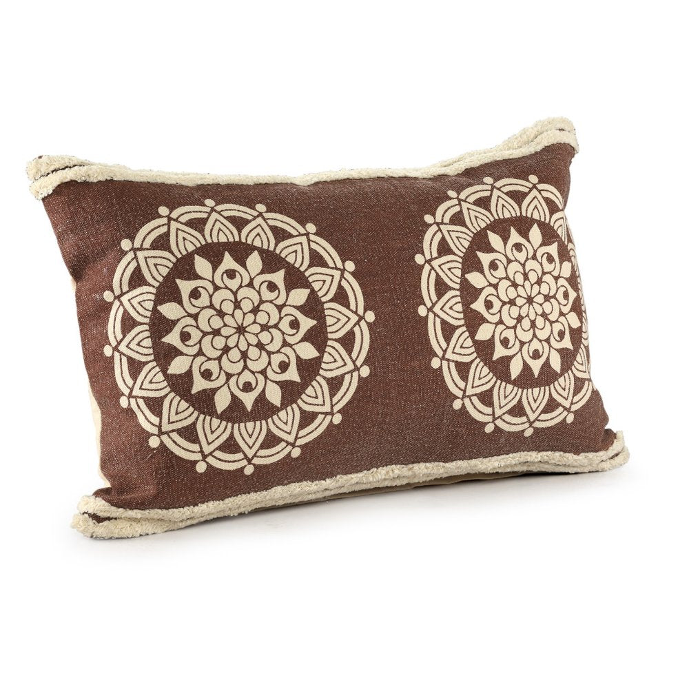 16" X 24" Brown and Ivory Medallion Cotton Lumbar Throw Pillow With Texture HomeRoots