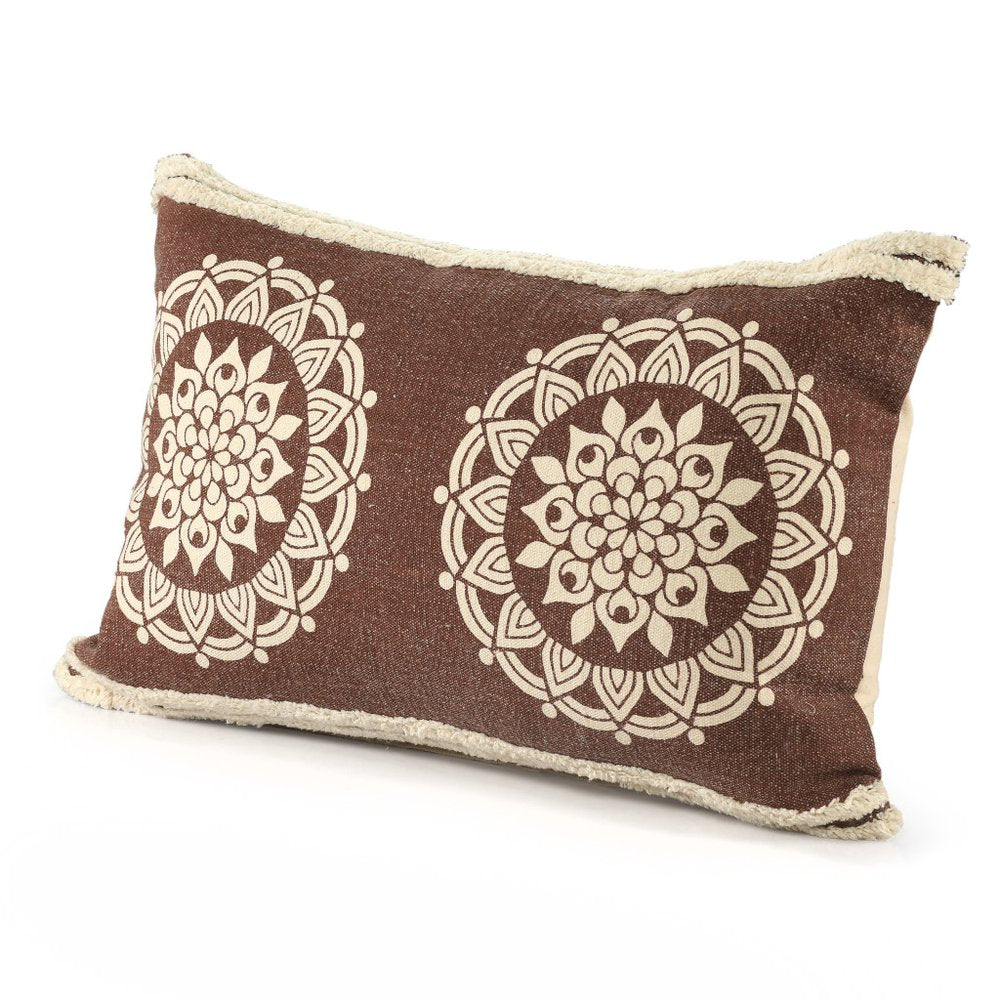 16" X 24" Brown and Ivory Medallion Cotton Lumbar Throw Pillow With Texture HomeRoots
