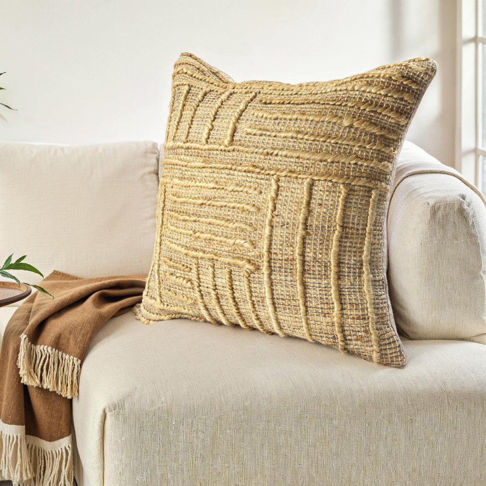 22" Natural Striped Jute Throw Pillow With Embroidery — view 2