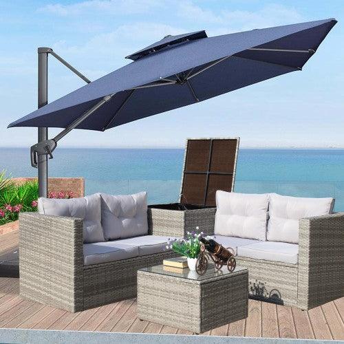 4 Piece Patio Sectional Wicker Rattan Outdoor Furniture Sofa Set with Storage Box Grey - FurniFindUSA