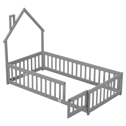 Twin House-Shaped Headboard Floor Bed with Fence Grey - FurniFindUSA