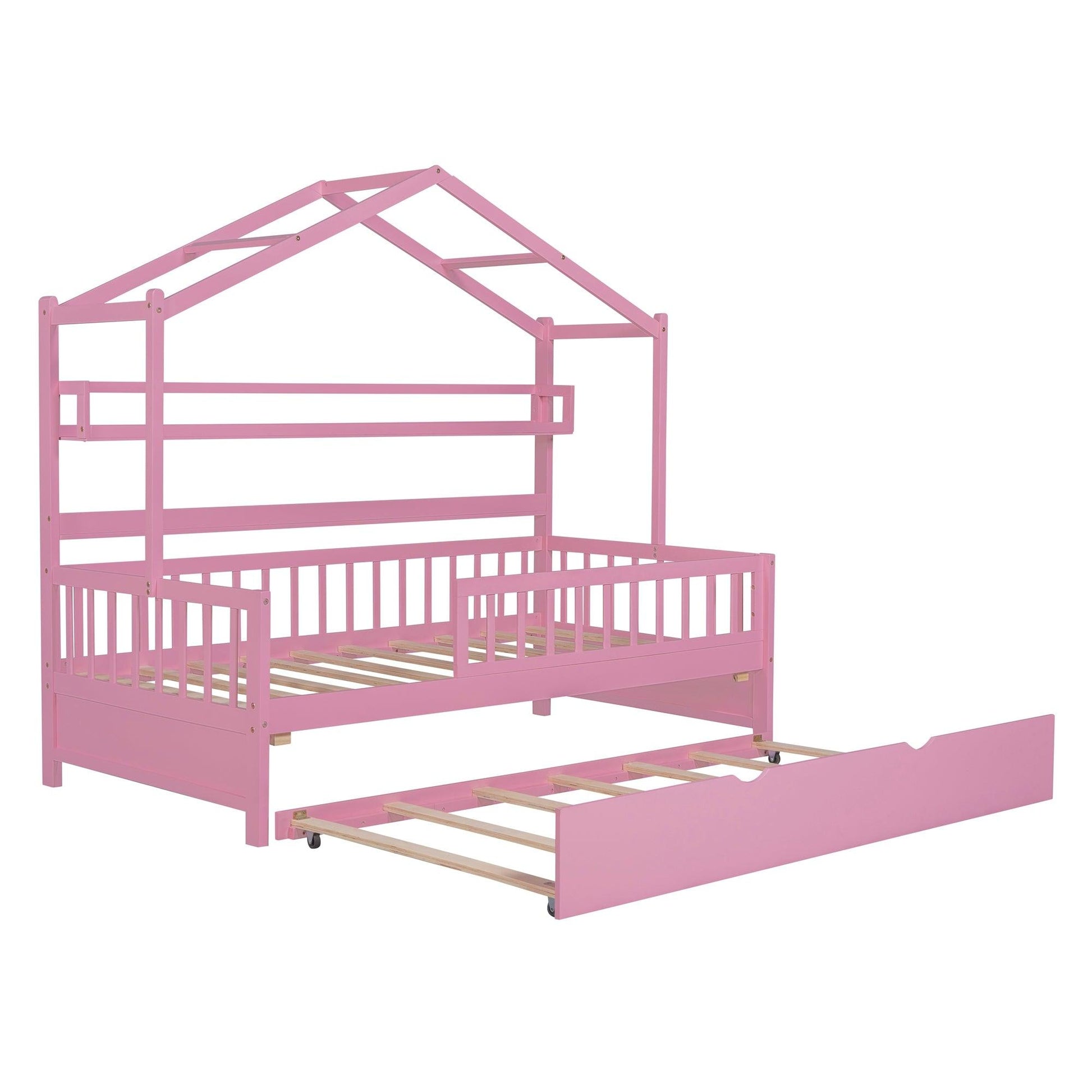 Wooden Twin Size House Bed with Trundle Kids Bed with Shelf Pink - FurniFindUSA